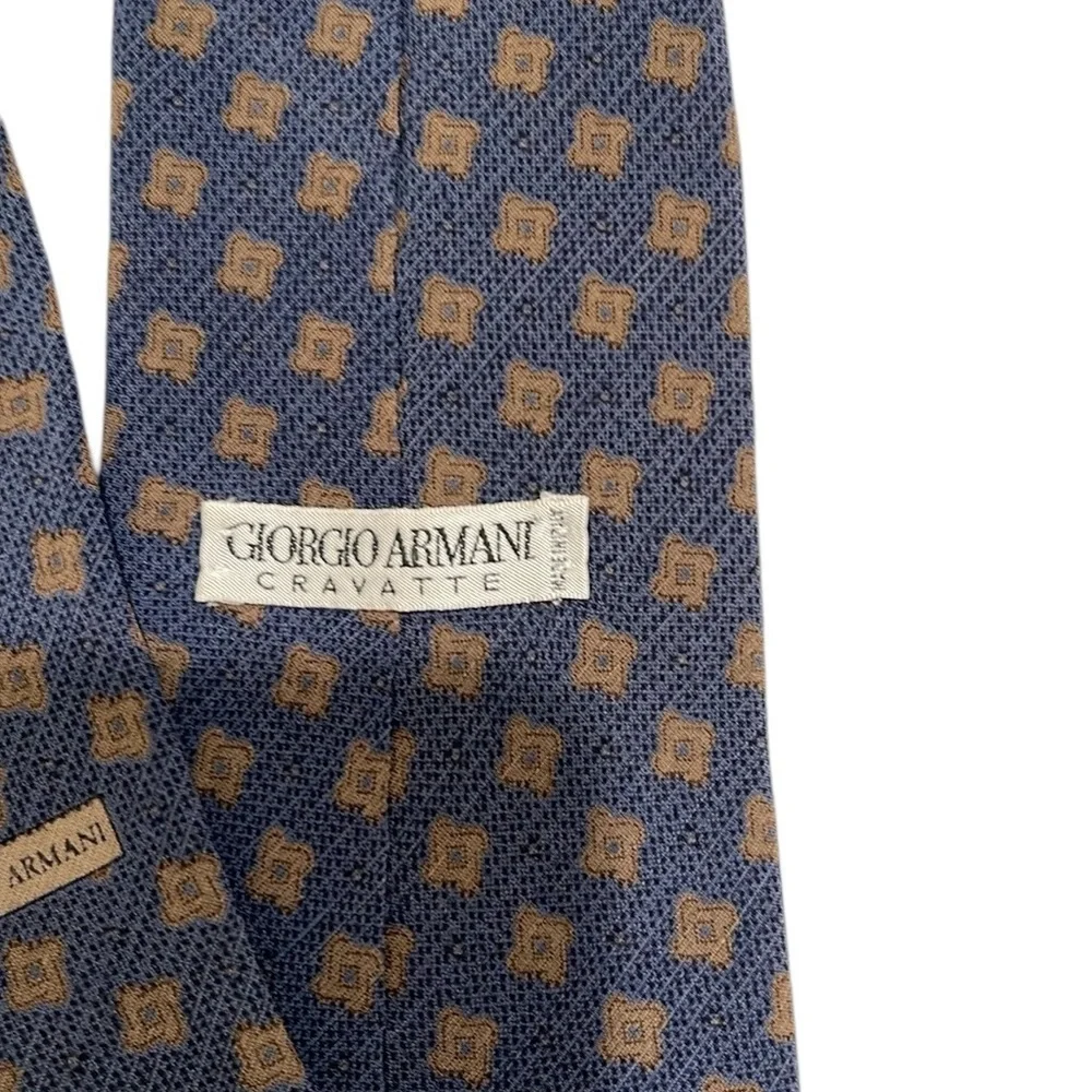 Giorgio Armani Textured Silk Wool Print Tie Blue Tan